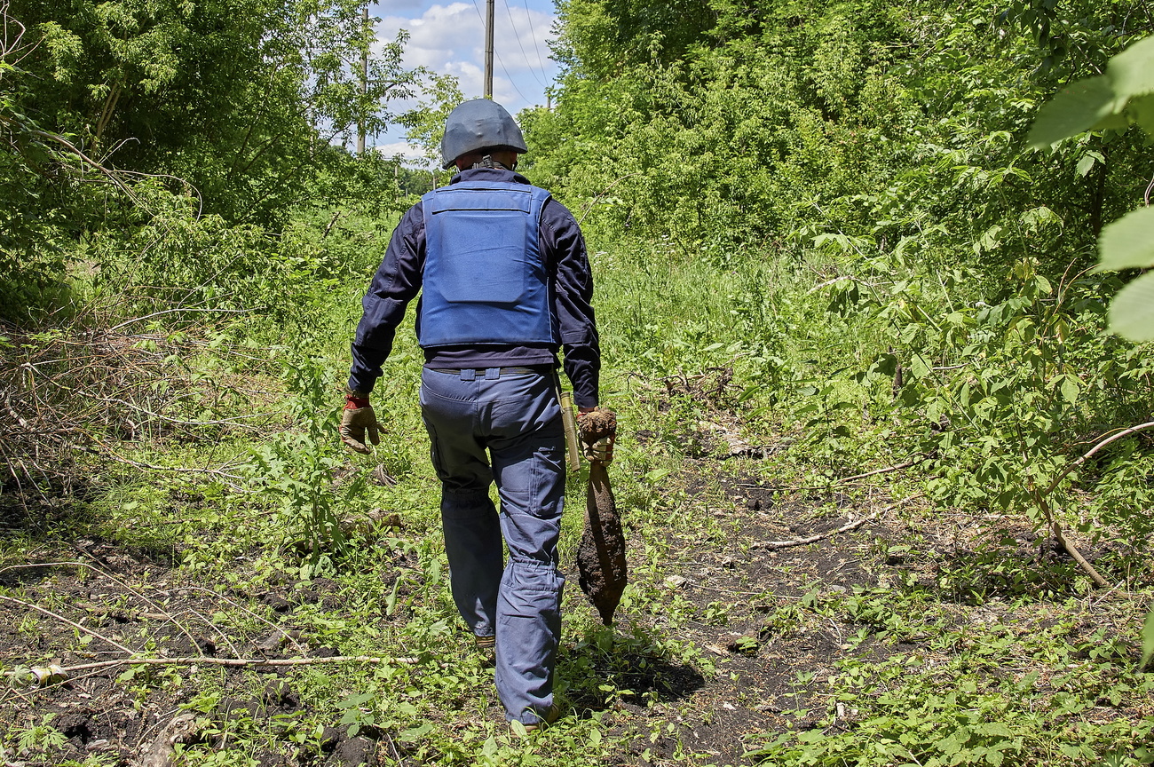 Deming expert wearing blue safety equipment carrying a mine in green bush.