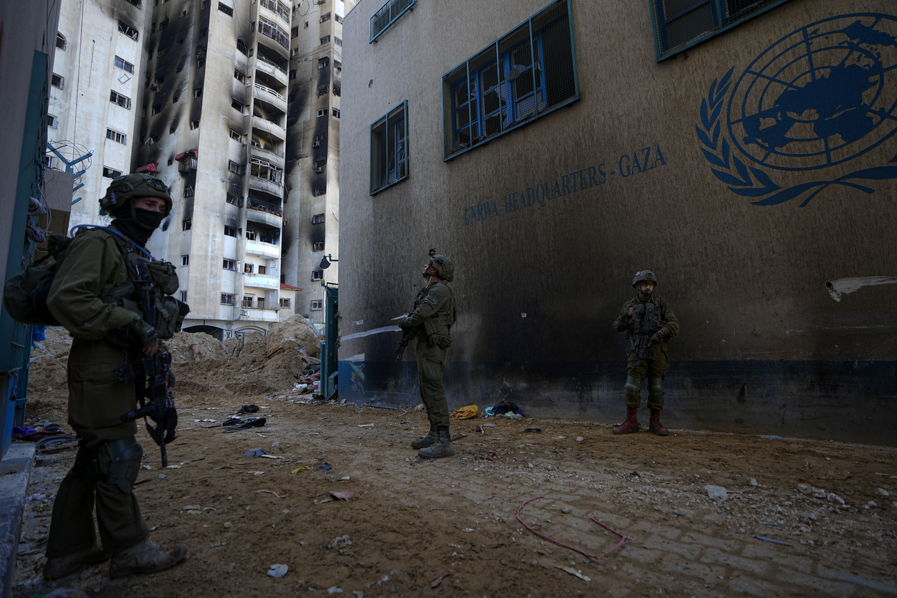 Israeli soldiers outside an UNRWA building in Gaza.