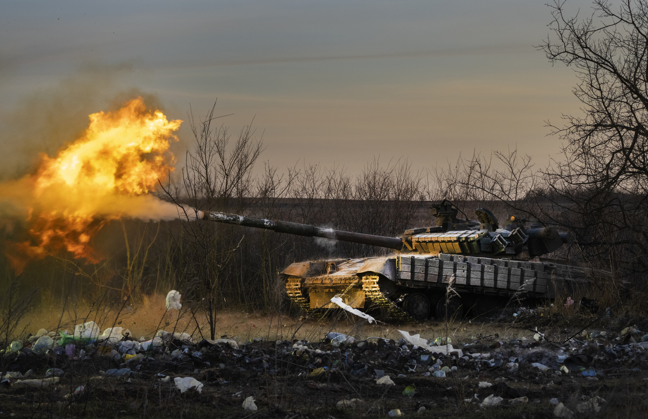 A Ukrainian tank fires at Russian positions in Chasiv Yar in the Donetsk region, Ukraine, February 29, 2024.