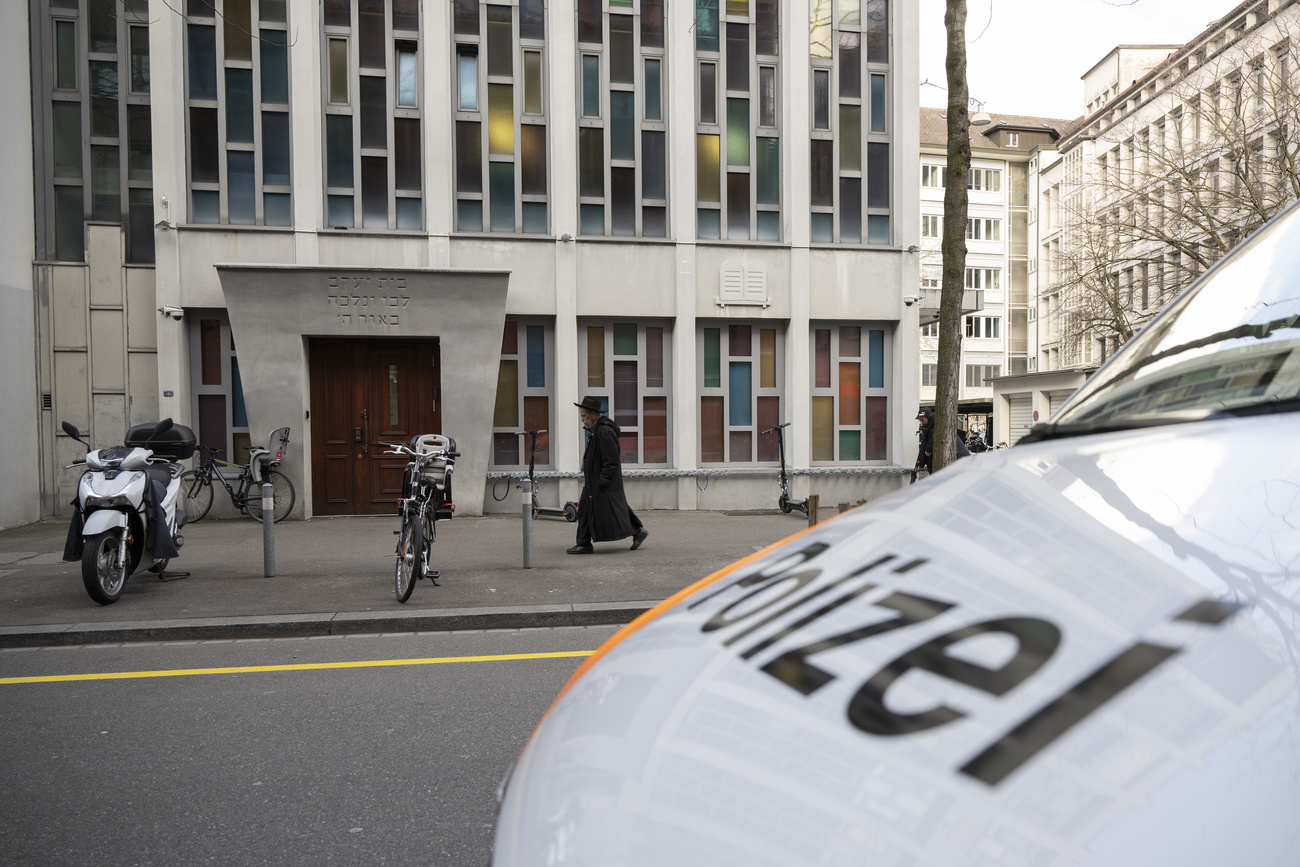 Swiss police van outside a synagogue in Zurich city.