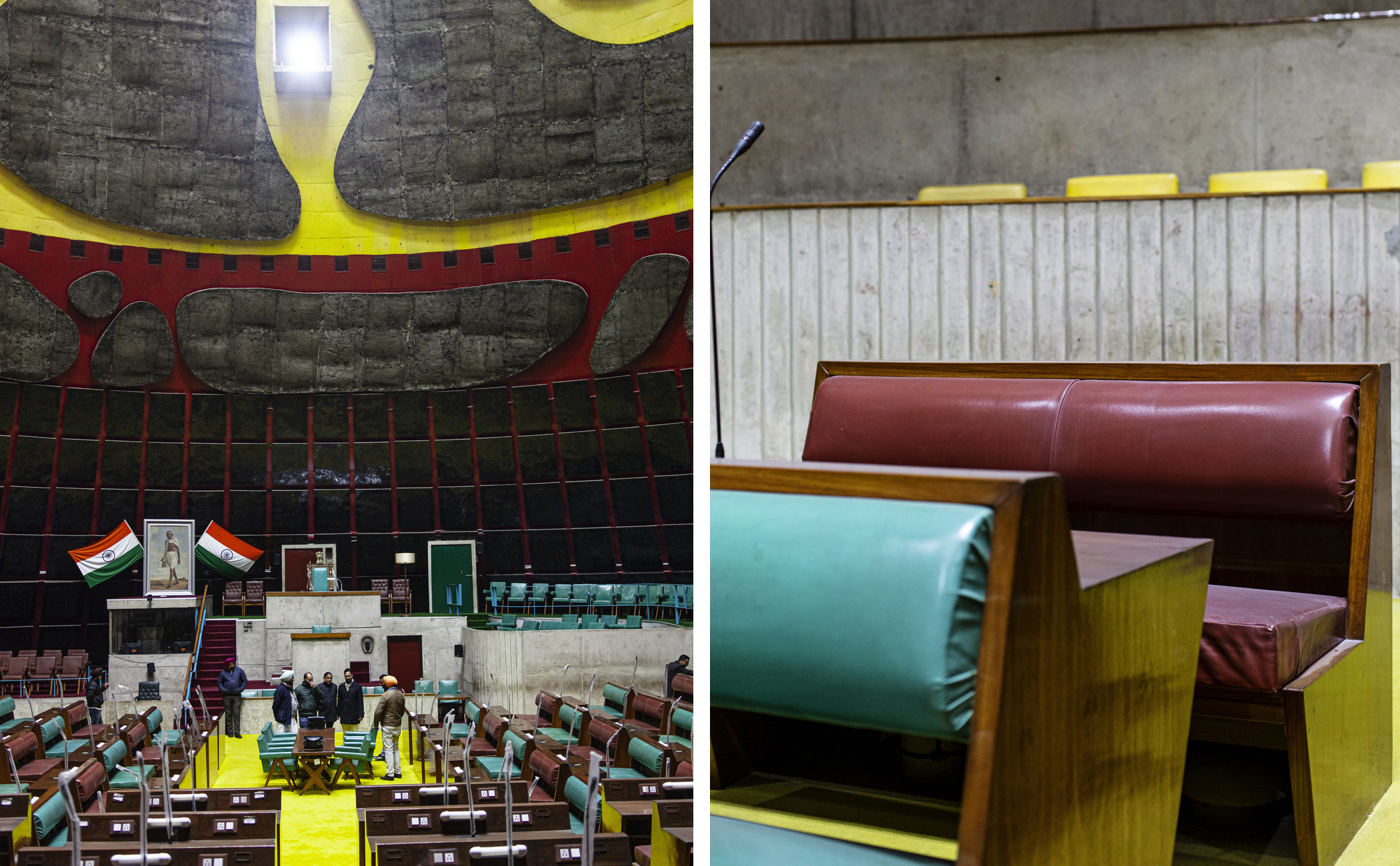 A combination of 2 images. the left side picture shows a high ceilinged room and the picture to the right show a detail of the chairs in that room.