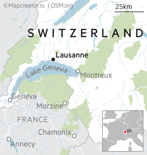 Karte mit dem Genfersee in der Mitte und Lausanne hervorgehoben