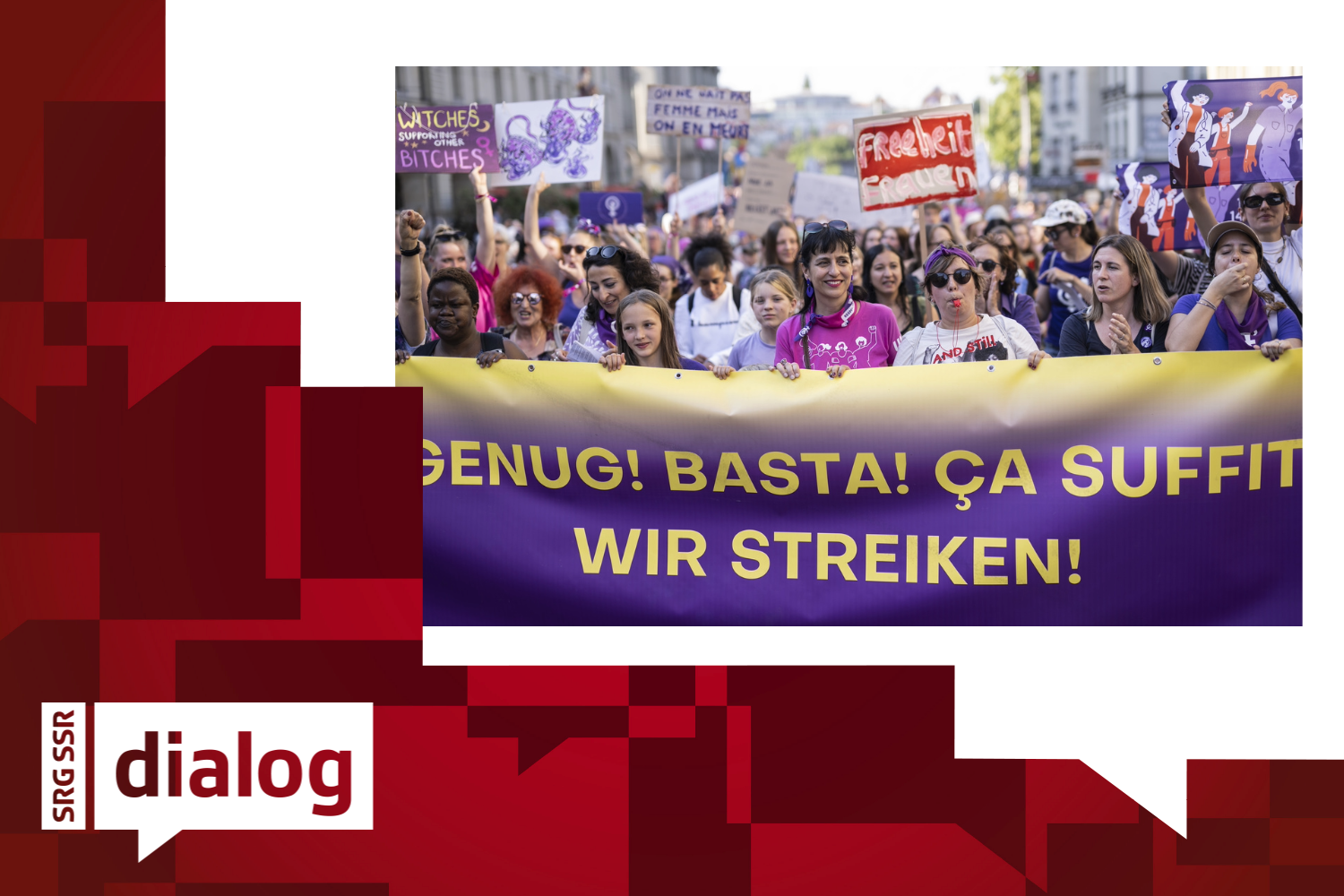 ie Spitze der grossen Demonstration zum Frauenstreik mit Vania Alleva, Praesidentin der Gewerkschaft Unia, Mitte, bewegt sich in Richtung Bundesplatz, am Mittwoch, 14. Juni 2023 in Bern.