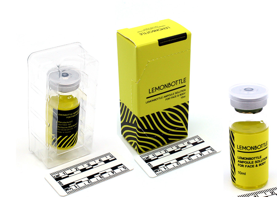scatola e ampolle di lemon bottle, liquido giallo iniettabile