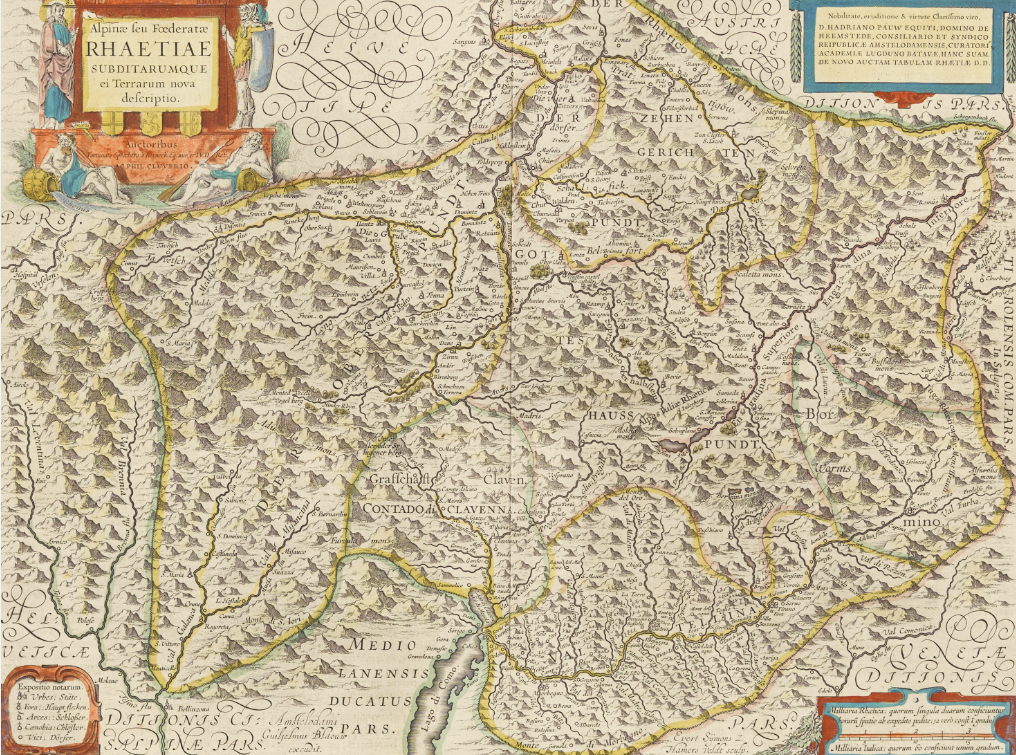 Frühneuzeitliche Darstellung von Graubünden, eine Karte, ein Kupferstich.