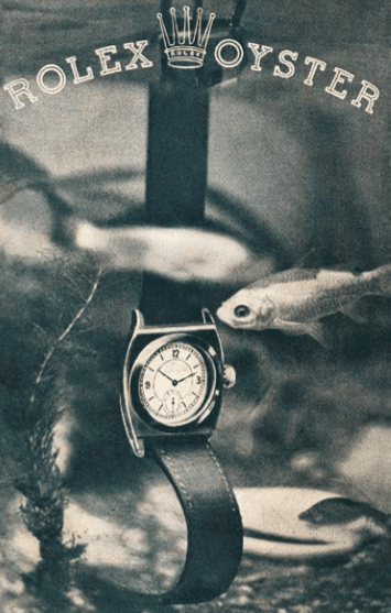 Early advert for the waterproof Rolex Oyster developed in 1926.