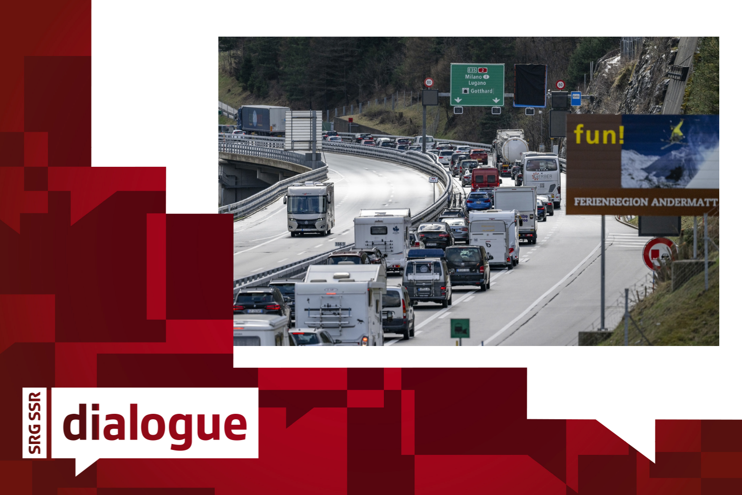 Traffic on the A-2 motorway in front of the Gotthard tunnel between Goeschenen and Amsteg heading south is backed up to a length of 10 km near Wassen on Saturday, 23 March 2024.