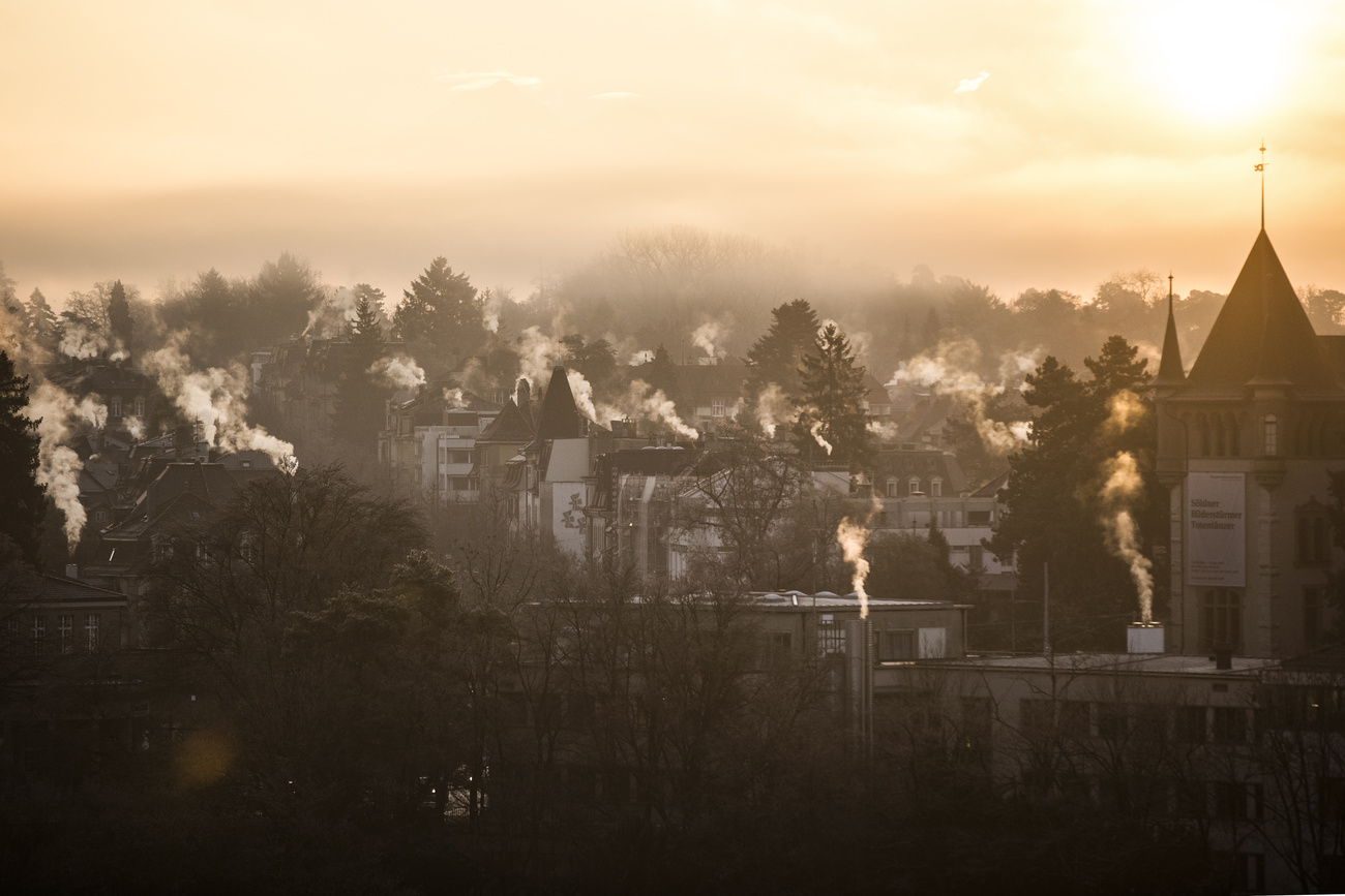 Smoking chimneys above Bern, Switzerland.