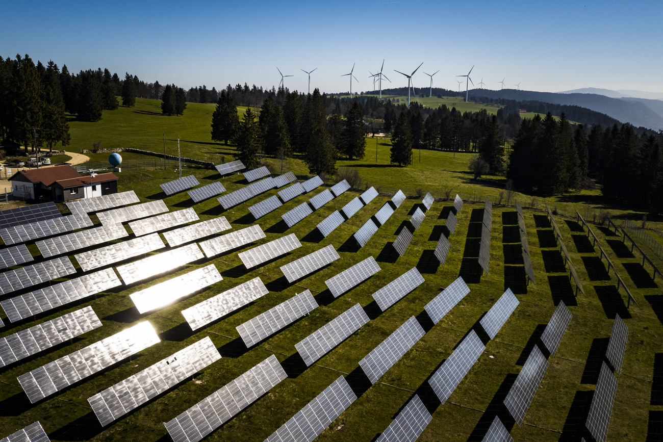 Panneaux solaires avec des éoliennes en arrière-fond.