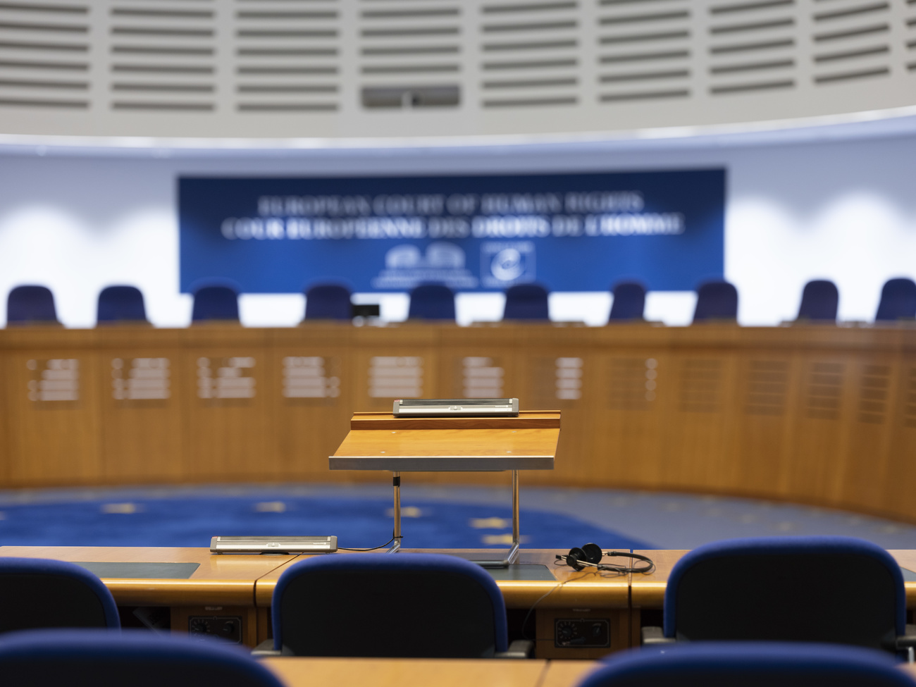 A speaker's desk in the Grand Chamber of the European Court of Human Rights, ECHR, in Strasbourg, France, on October