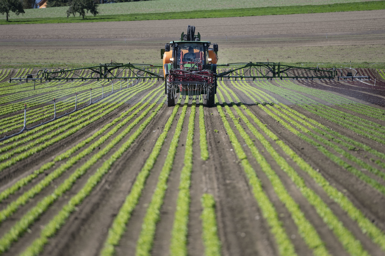With a field sprayer system, a tractor applies pesticides to a lettuce field on the Gemuese Kaeser & Co. farm in Birmenstorf, Switzerland,
