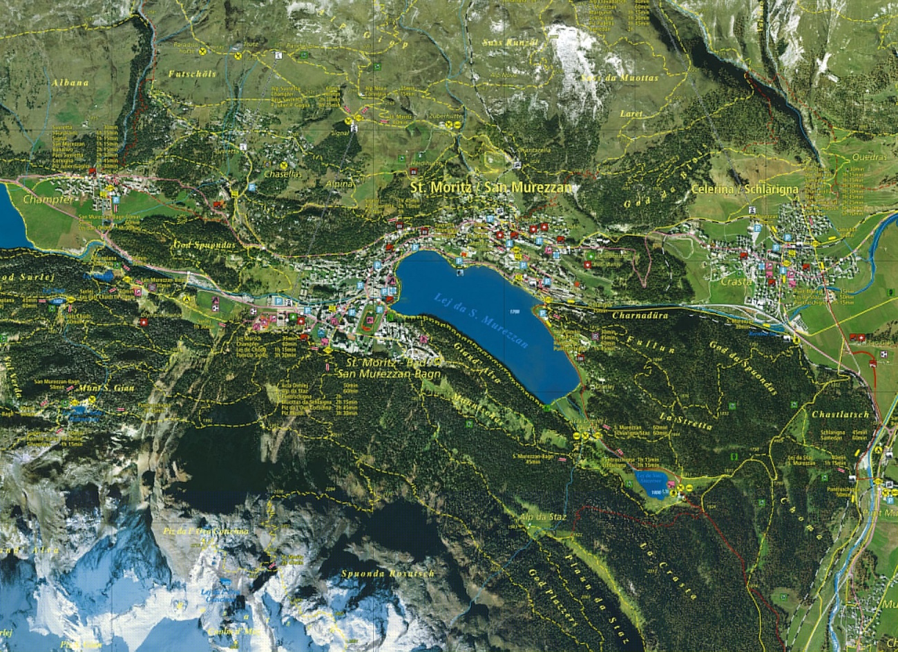 Map of the Swiss mountain resort of St Moritz by the Lucerne firm Endoxon.