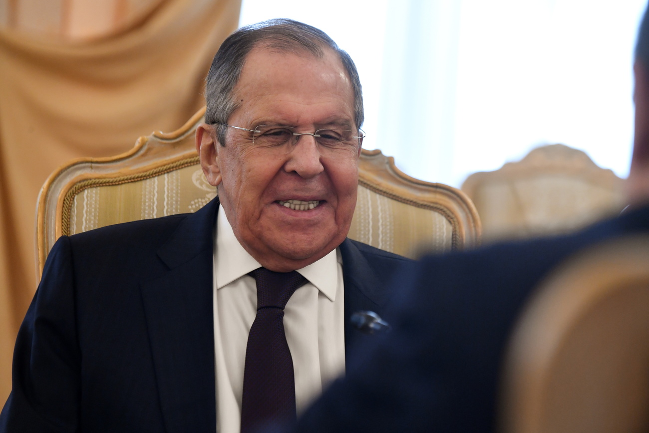 Russian foreign minister Sergei Lavrov, seated in a chair.