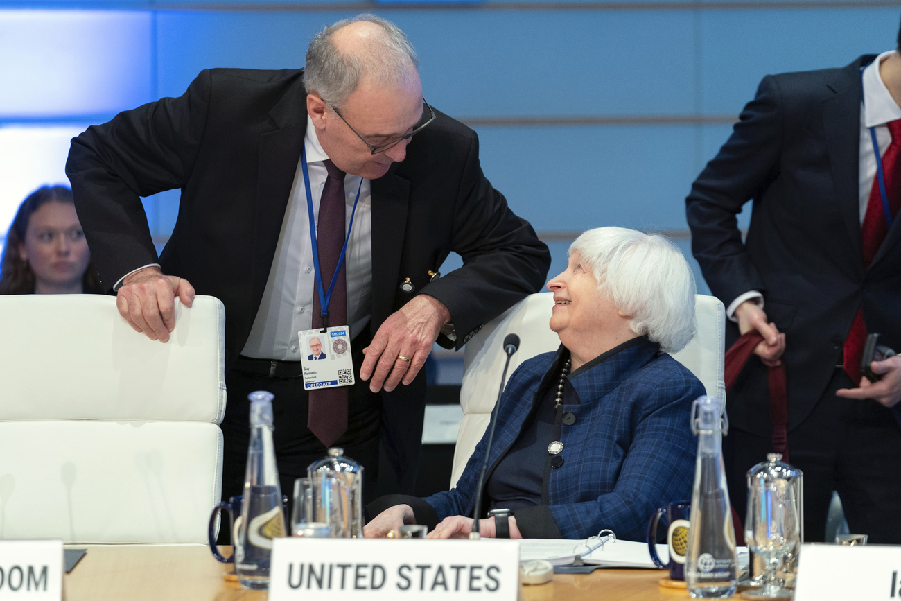 Swiss economics minister Guy Parmelin speaking to Janet Yellen, US Treasury Secretary at the Development Committee Plenary during the World Bank/IMF Spring Meetings at the World Bank headquarters in Washington, Friday, April 19, 2024.