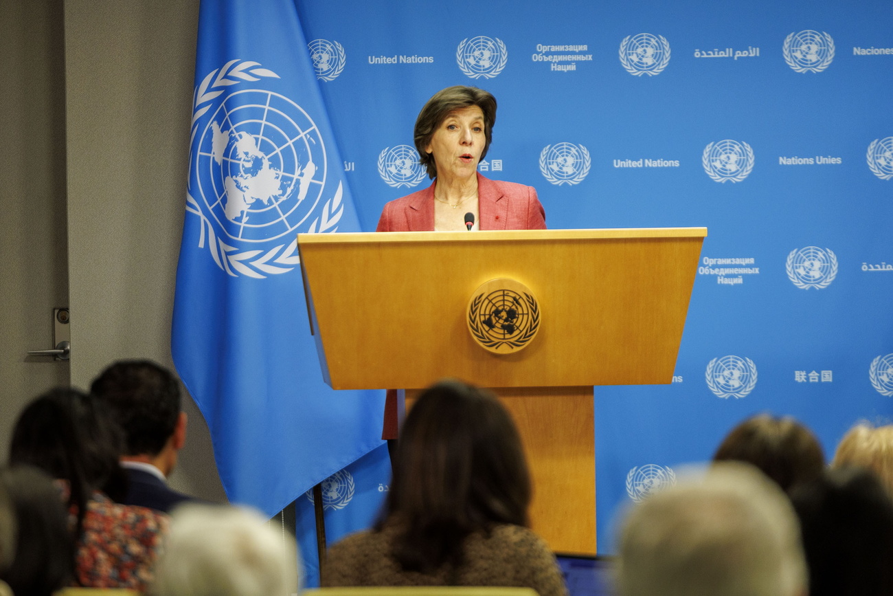 Catherine Colonna en conférence de presse à New York lundi.