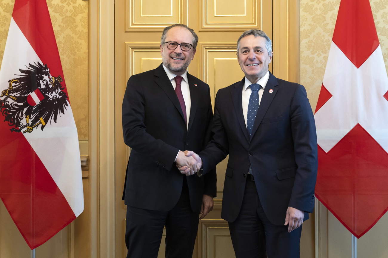 Swiss Foreign Minister Ignazio Cassis on the right, in front of the red Swiss flag with the white ‘plus’, and Austria's Foreign Minister Alexander Schallenberg shake hands. Schallenberg is on the left and stands in front of the Austrian flag, two red horizontal stripes with a white stripe in the middle and a black eagle at the centre. Both are wearing dark suits. They stand in front of a golden door in a room with golden wallpaper.