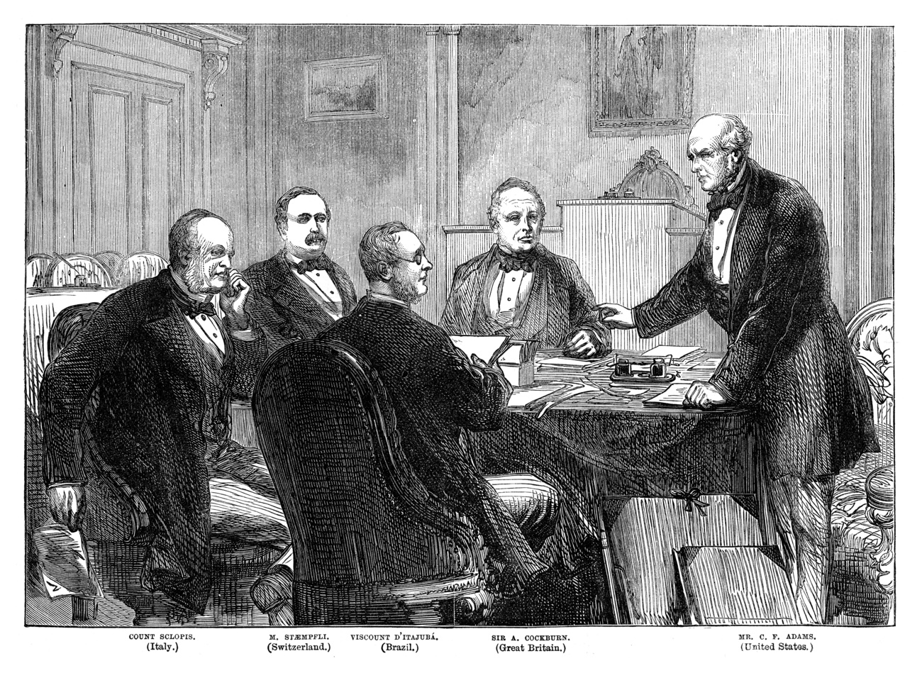 アラバマ号事件を巡る仲裁裁判の調停人たちによる1871年の会合。(左から)フェデリコ・スクロピス、ヤコブ・シュテンプフリ、マルコス・アントニオ・デ・アラウホ、アレクサンダー・コックバーン、チャールズ・フランシス・アダムス