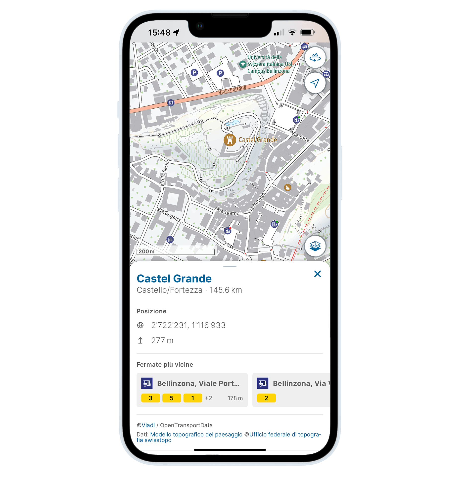 聯邦地繪局推出的應用程式將附加資訊 (例如距離興趣地最近的交通工具) 整合到了地圖之中。