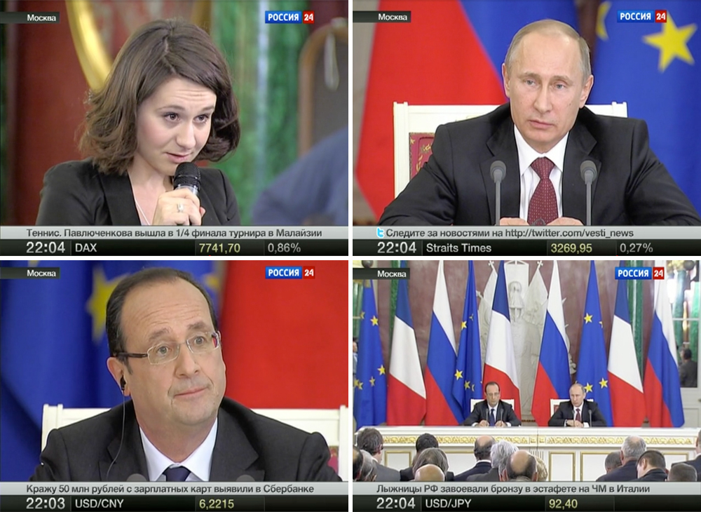Quattro foto che mostrano una conferenza stampa in Russia.