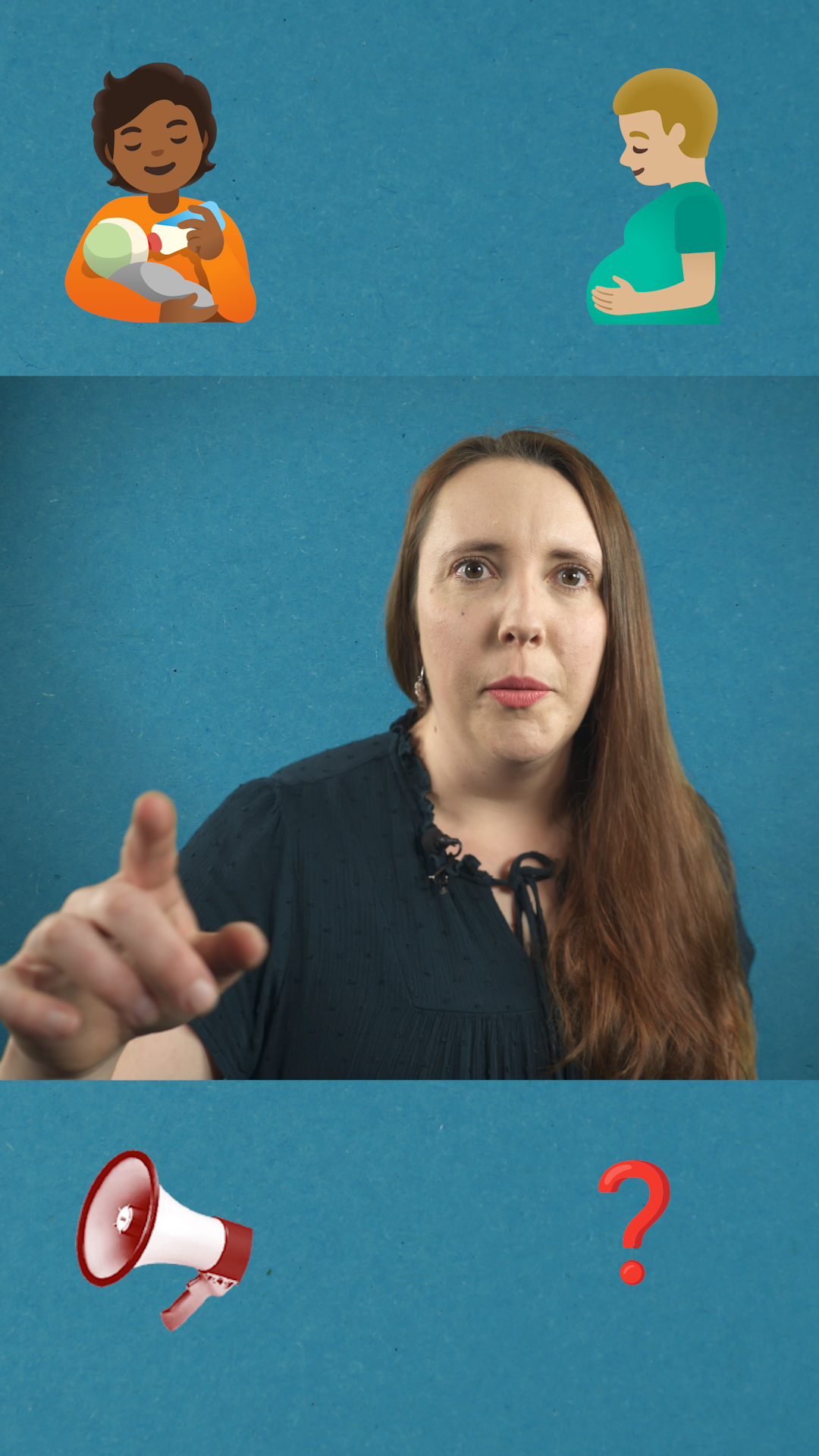 woman in black shirt pointing at camera with blue background and emojis