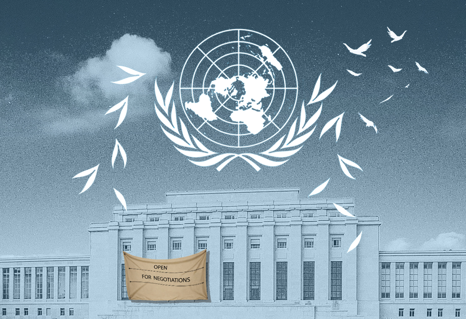 illustrazione simbolo ONU e palazzo delle nazioni