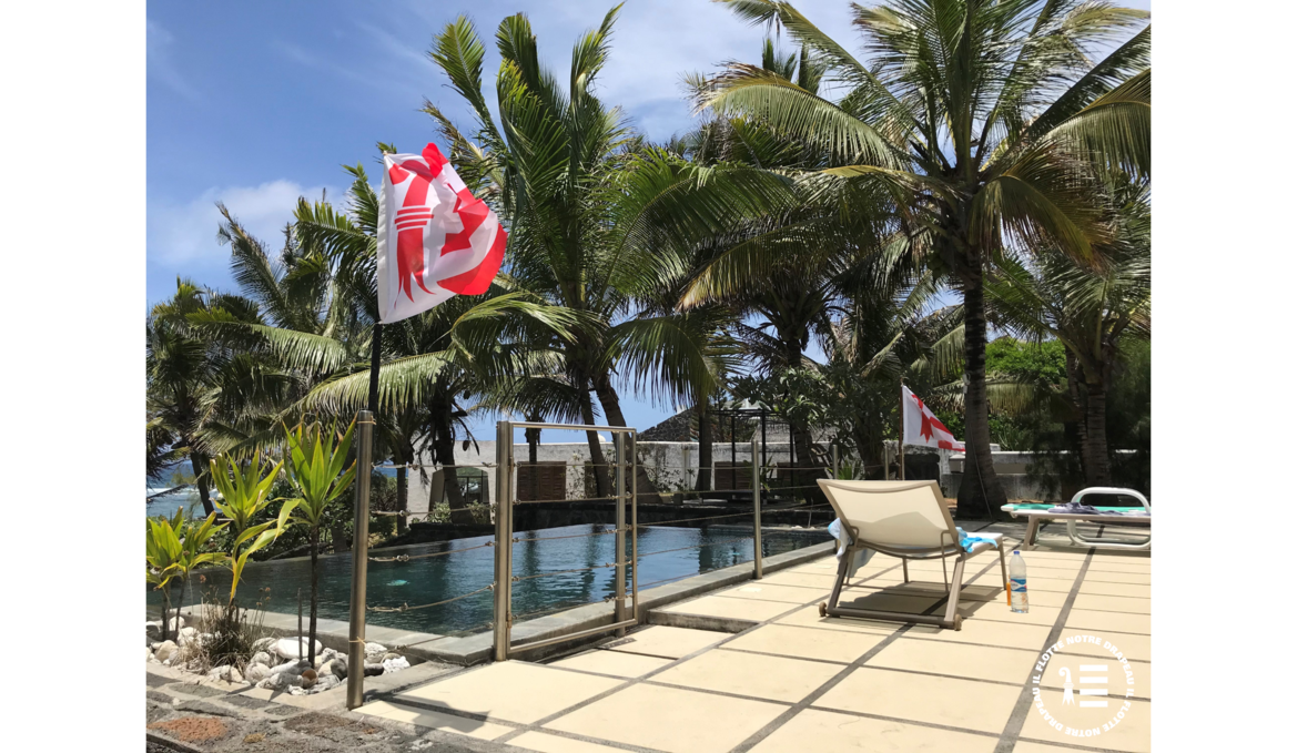 jurassische Flagge am Pool mit Palmen