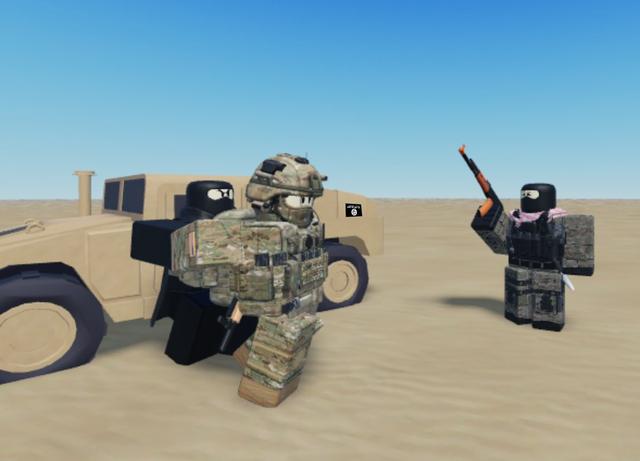 Une capture d'écran du jeu Roblox représentant une reconstitution d'exécution d'un soldat américain par un membre du groupe Etat islamique.