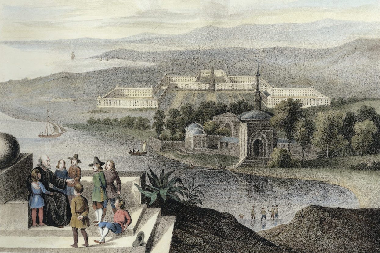 Lithographie, die das Idealbild einer Phalanstère zeigt, 1848