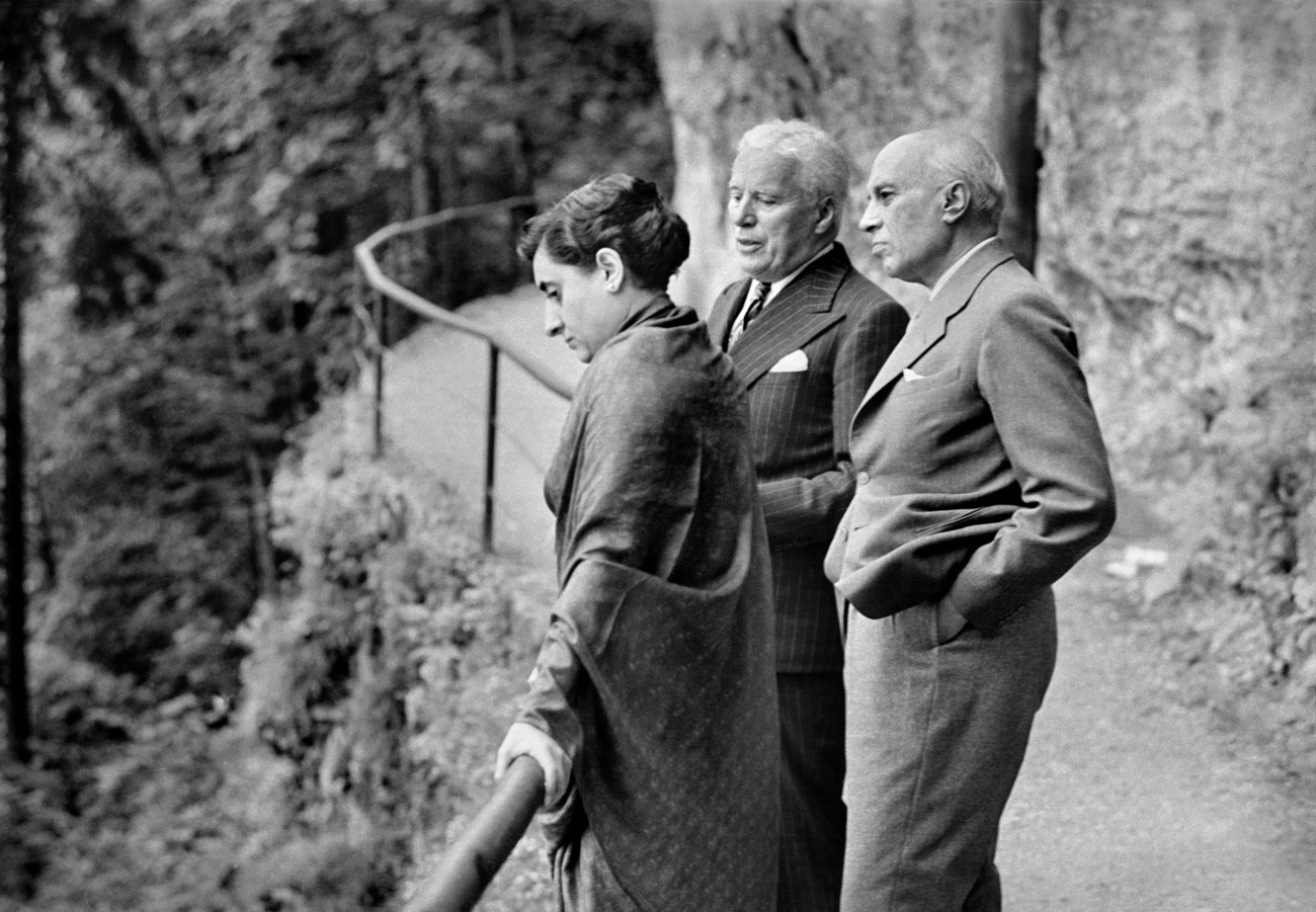 Indira Gandhi with Charlie Chaplin and her father Jawaharlal Nehru, 1953.