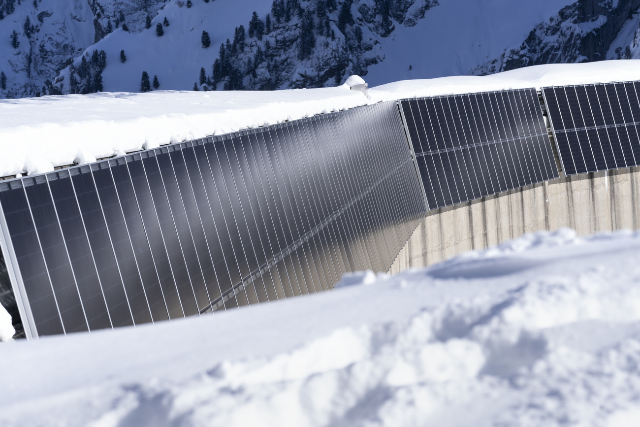 A row of solar panels on a snowy mountain.