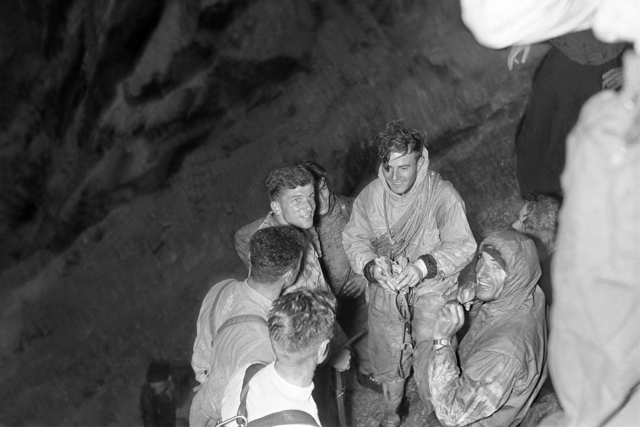 The mountaineers Heinrich Harrer, Andreas Heckmair, Ludwig Voerg and Fritz Kasparek, from left to right, during the first successful ascent of the Eiger north face near Grindelwald, Switzerland, pictured in July 1938.