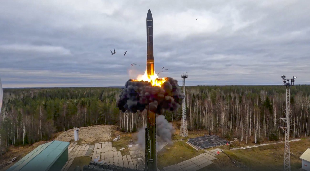 A Yars intercontinental ballistic missile is tested as part of Russia's nuclear exercises from a launch site in Plesetsk, north-west Russia.