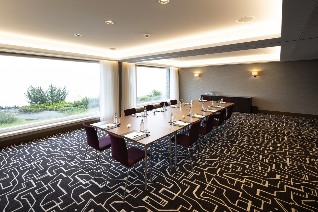 One of the conference rooms at the Bürgenstock Hotel. The numerous delegations invited to the Ukraine Peace Conference will sit opposite each other at these tables.