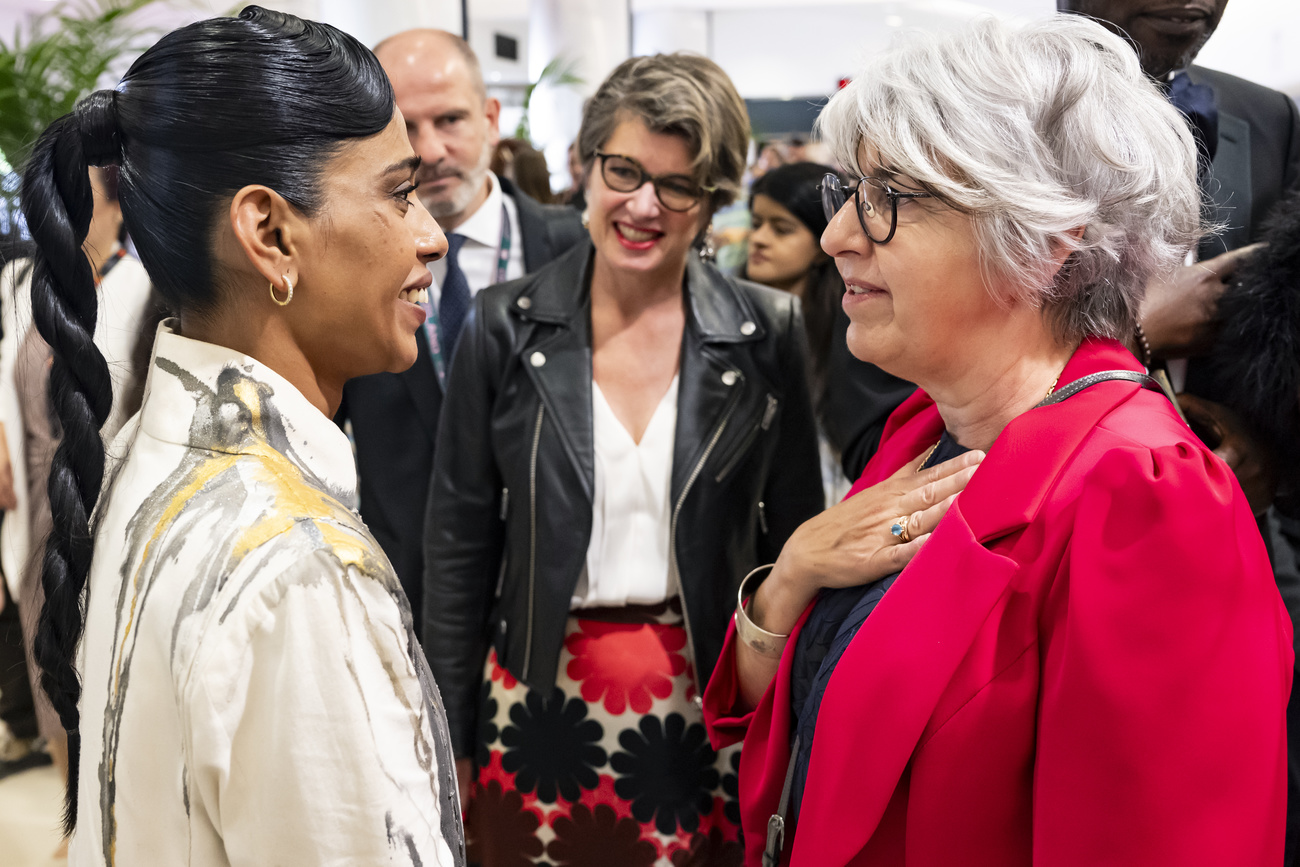 Federal Councillor Elisabeth Baume-Schneider talks to actress Anasuya Sengupta after the screening of the film "Shameless" in the "Un certain regard" section at the 77th edition of the Cannes Film Festival on Friday 17 May 2024 in Cannes, France. Federal Councillor Elisabeth Baume-Schneider will be attending the Cannes Film Festival from 15 to 17 May 2024. This year, Switzerland is the guest of honour at the Marche du Film. (KEYSTONE/Jean-Christophe Bott)