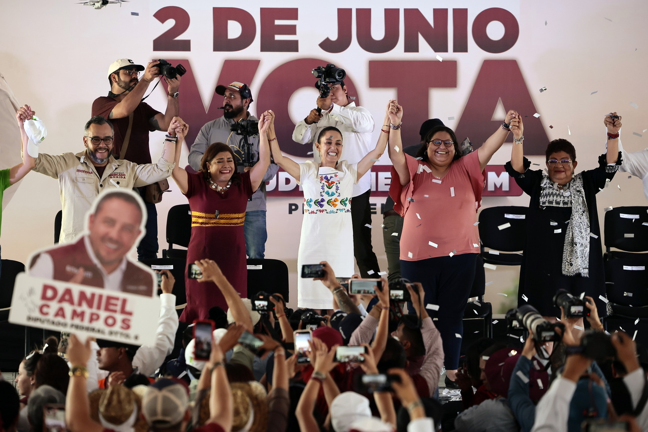 Claudia Sheinbaum (centre in white), candidate for the presidency of Mexico, participates in a campaign event in Mexico City, Mexico, on May 20, 2024.