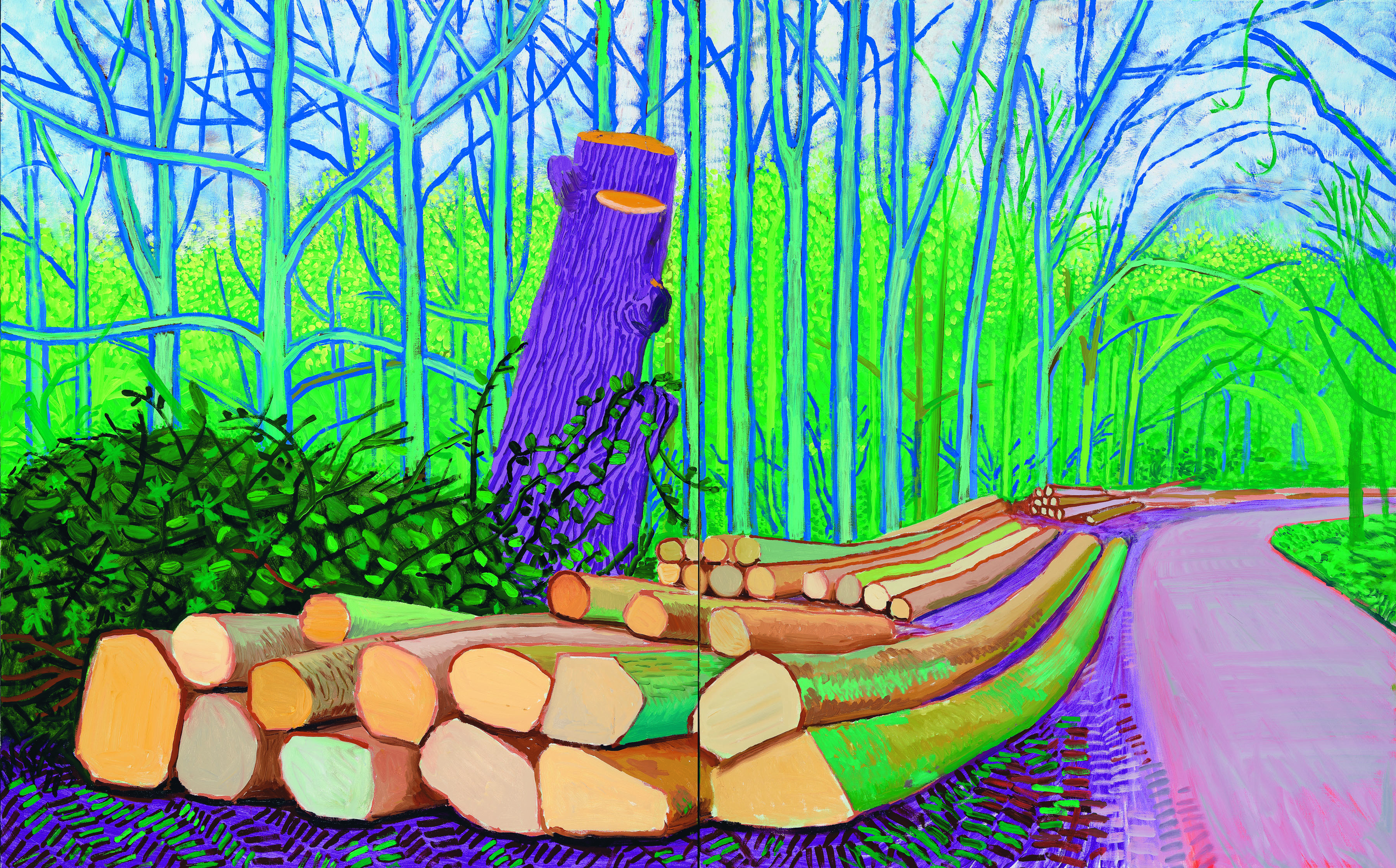 Not that young, nor a Swiss, but also talking to Hodler: David Hockney's "Felled Trees on Woldgate" (2008)