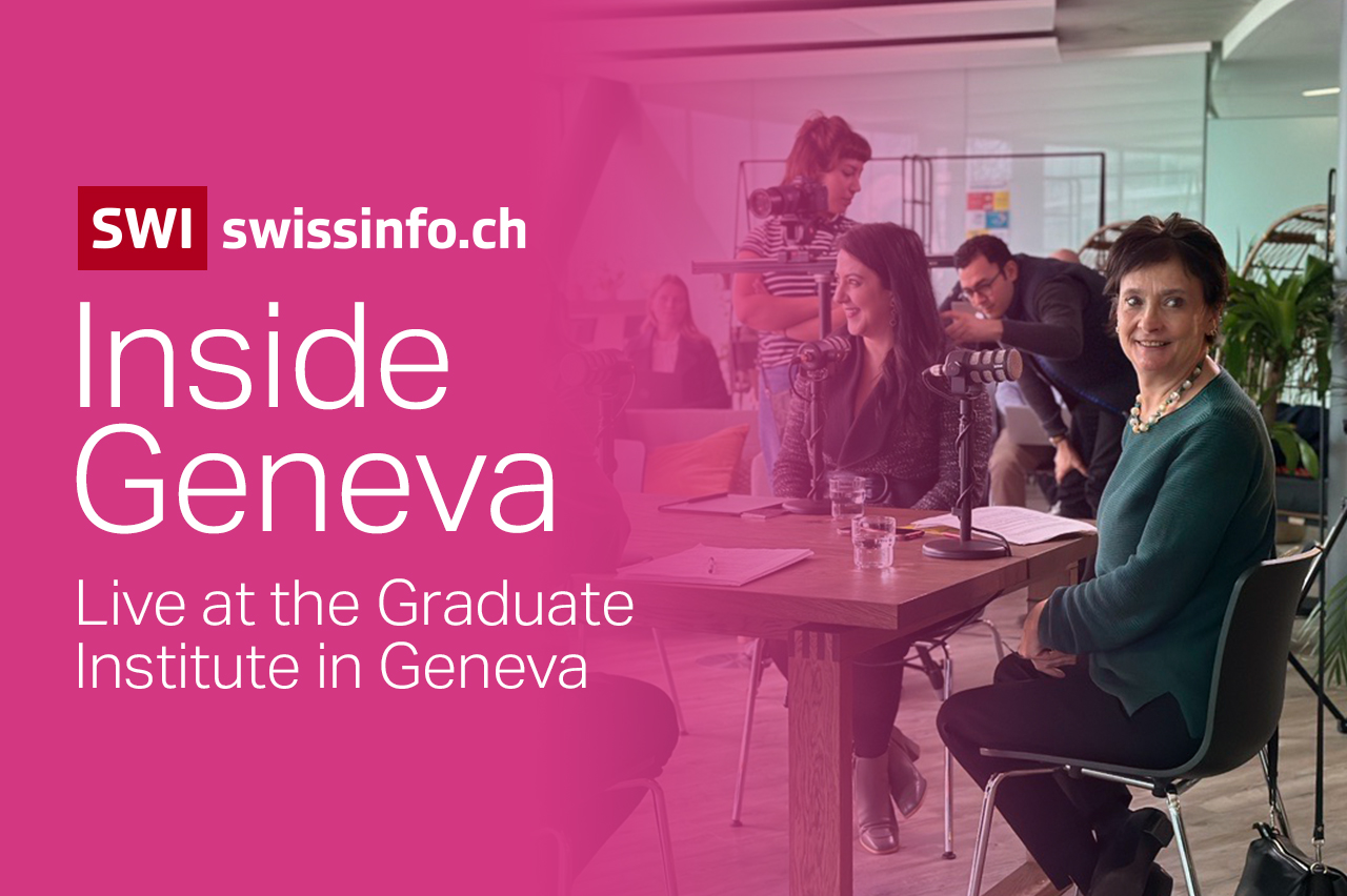 A group of people engages in a discussion around a table in a modern room. Text overlay reads “Inside Geneva, Live at the Graduate Institute in Geneva” and includes “swissinfo.ch” branding.