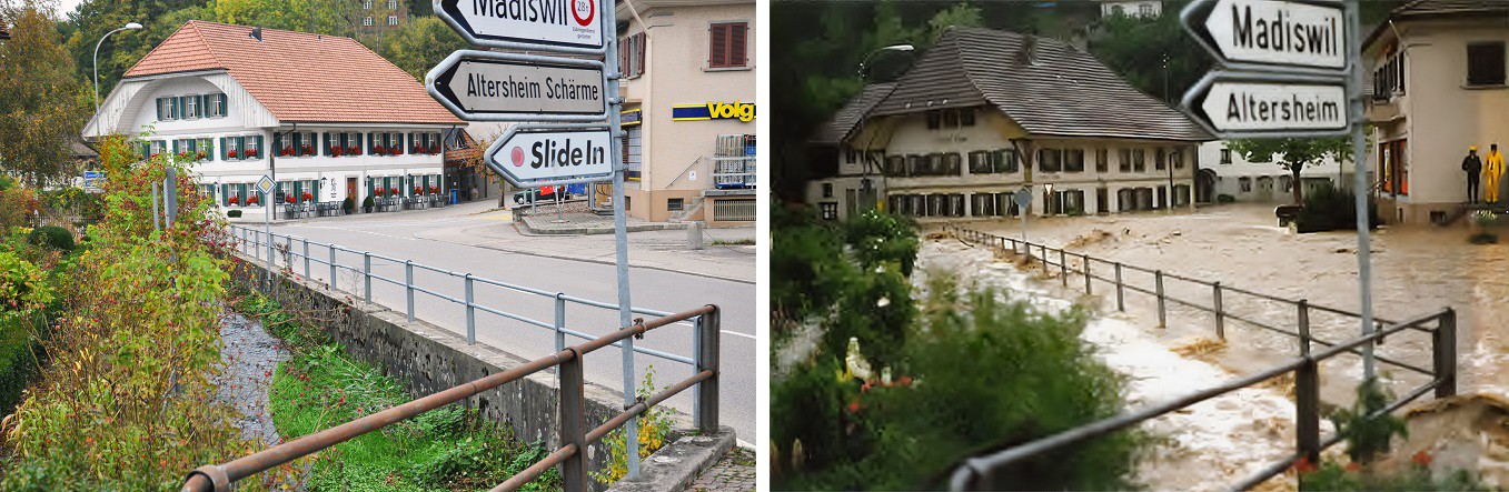 eine Brücke in Melchnau, intakt links und überschwemmt rechts