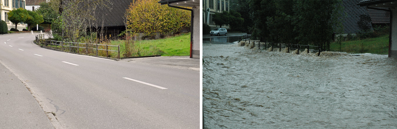 Duas fotos mostrando antes e depois da inundação