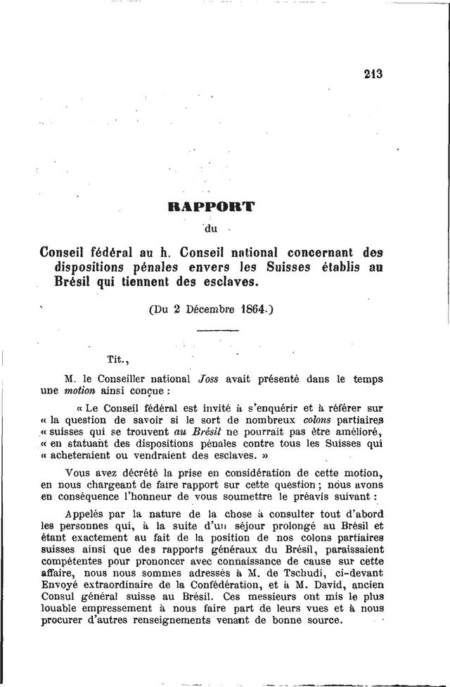 La première page du rapport du Conseil fédéral sur les esclaves au Brésil.