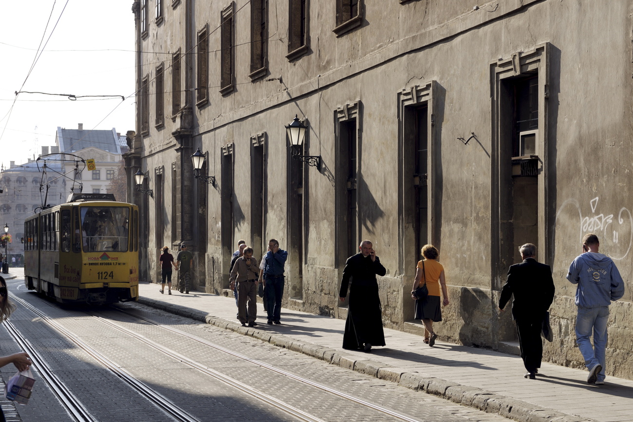 Tatra tram on a street in Lviv