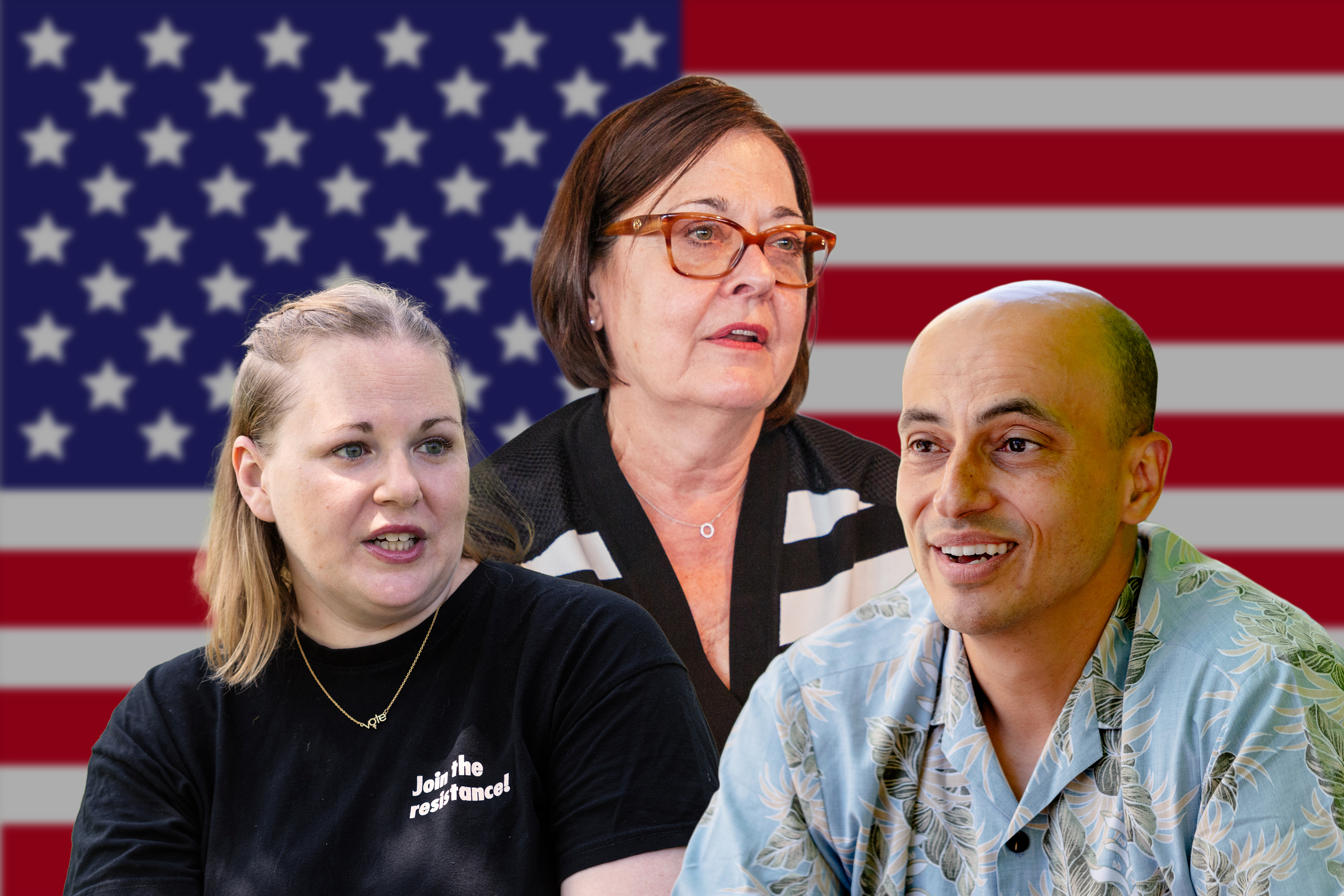 Drei Personen vor USA-Flagge
