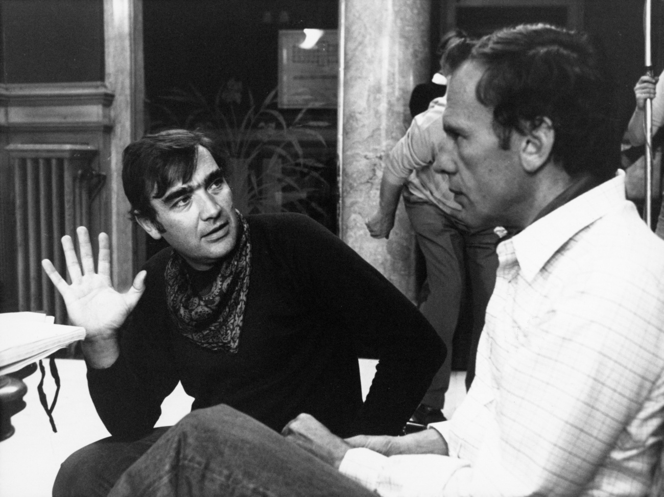 Edelstein's mentor: Swiss film director Michel Soutter (1932–1991), left, chats with French actor Jean-Louis Trintignant, right, during the filming of Reperages, 1977.