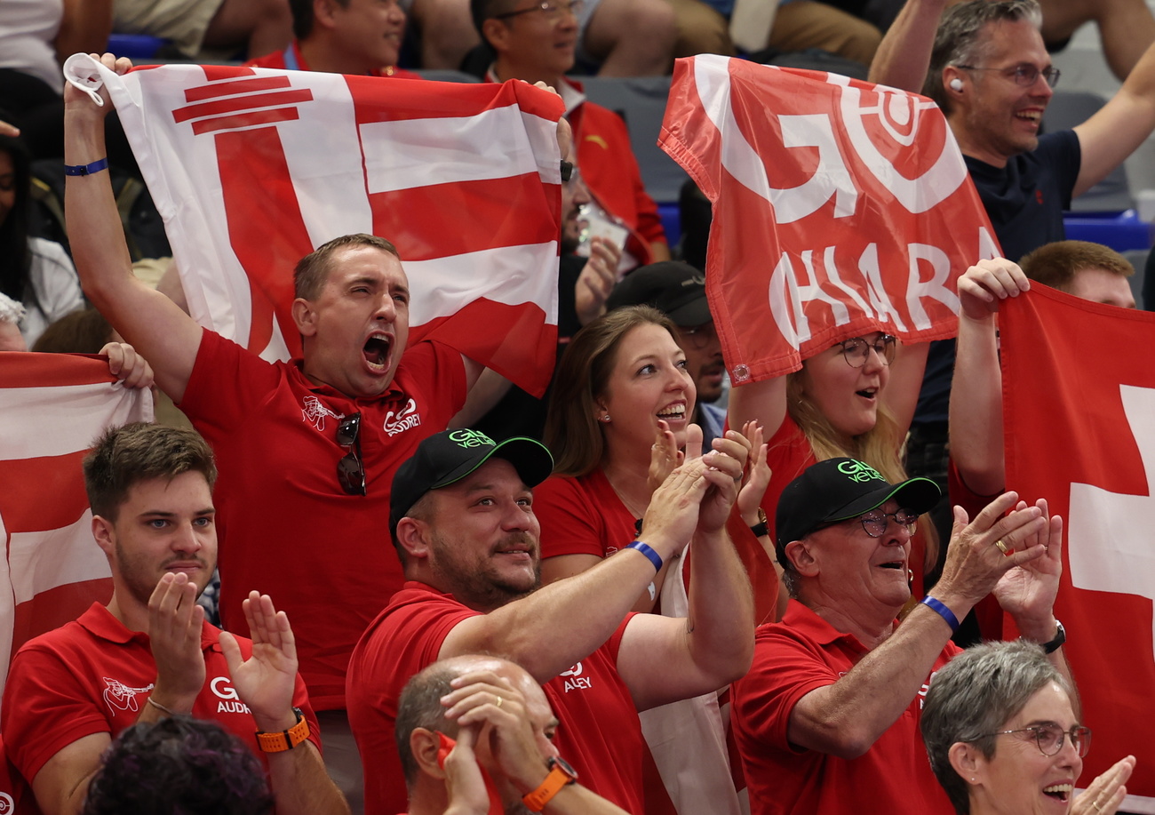 Picture of Swiss fans cheering with Swiss flags