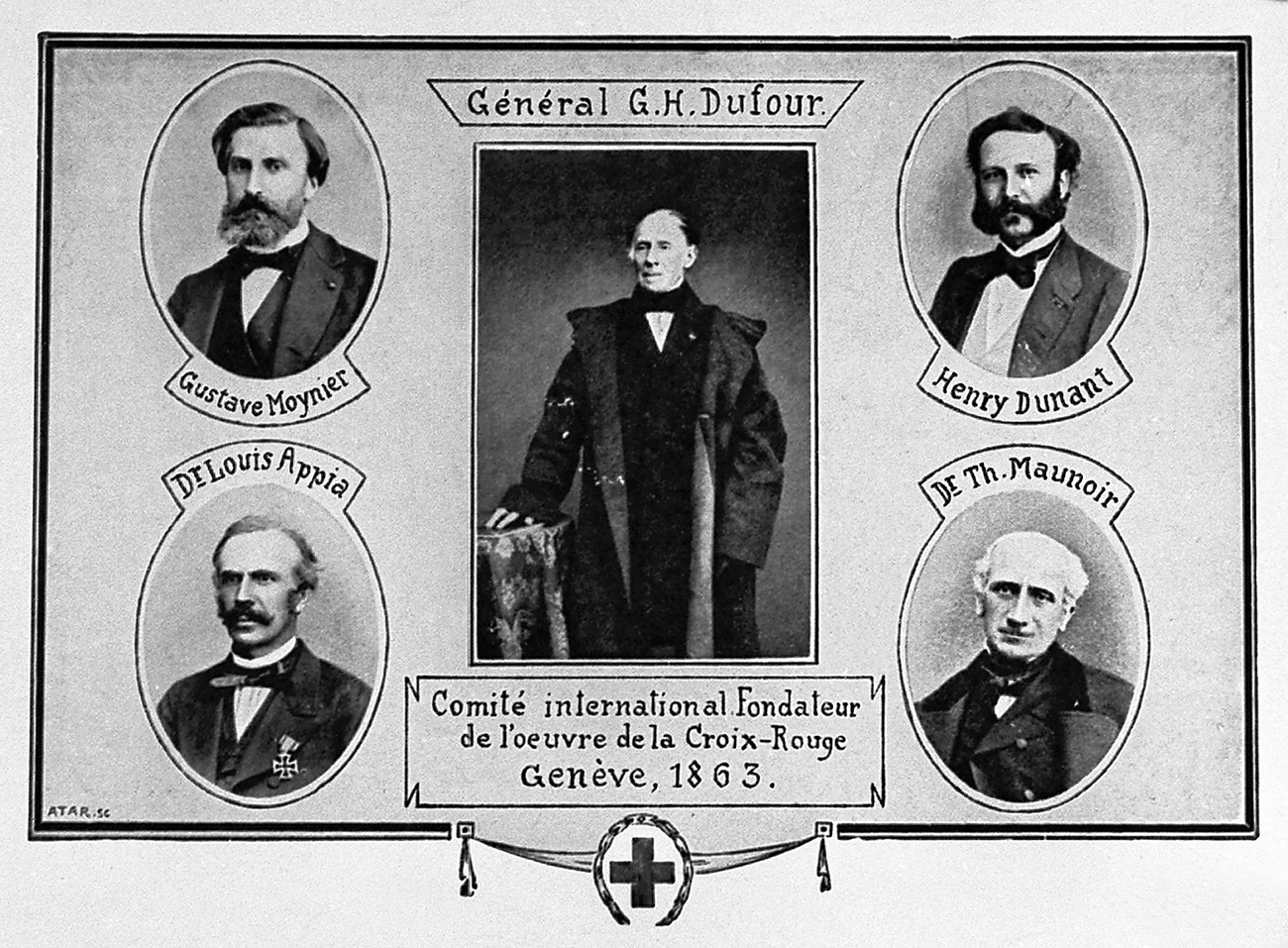 في 17 فبراير 1863، قام خمسة من سكان جنيف (غوستاف موينييه، لويس أبيا، غيوم هنري دوفور، هنري دونان، وتيودور مونوار) بتشكيل لجنة، أصبحت فيما بعد اللجنة الدولية للصليب الأحمر.