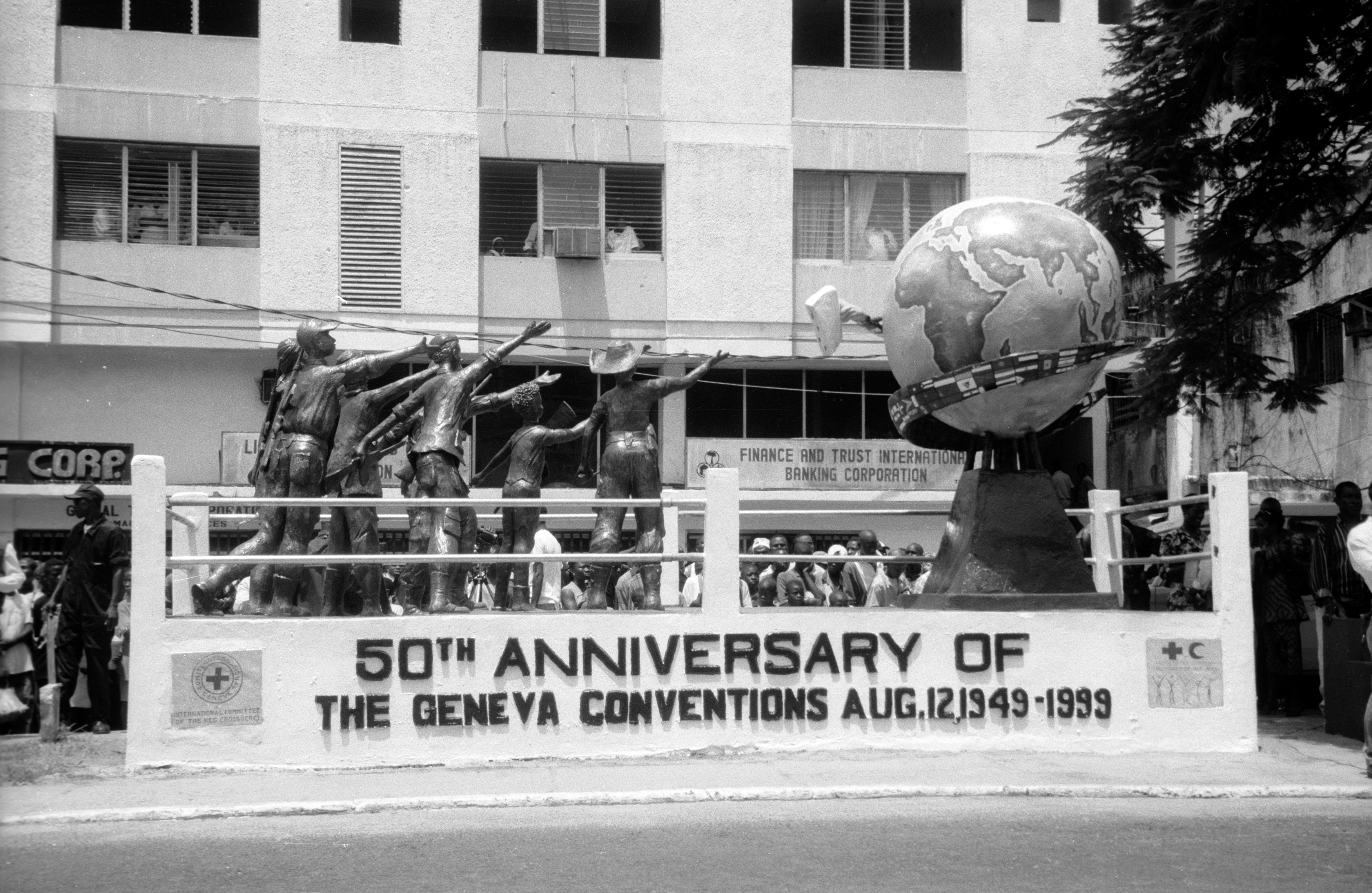 Monrovia. Scuplture memoriating the 50th anniversary of the Geneva Conventions.