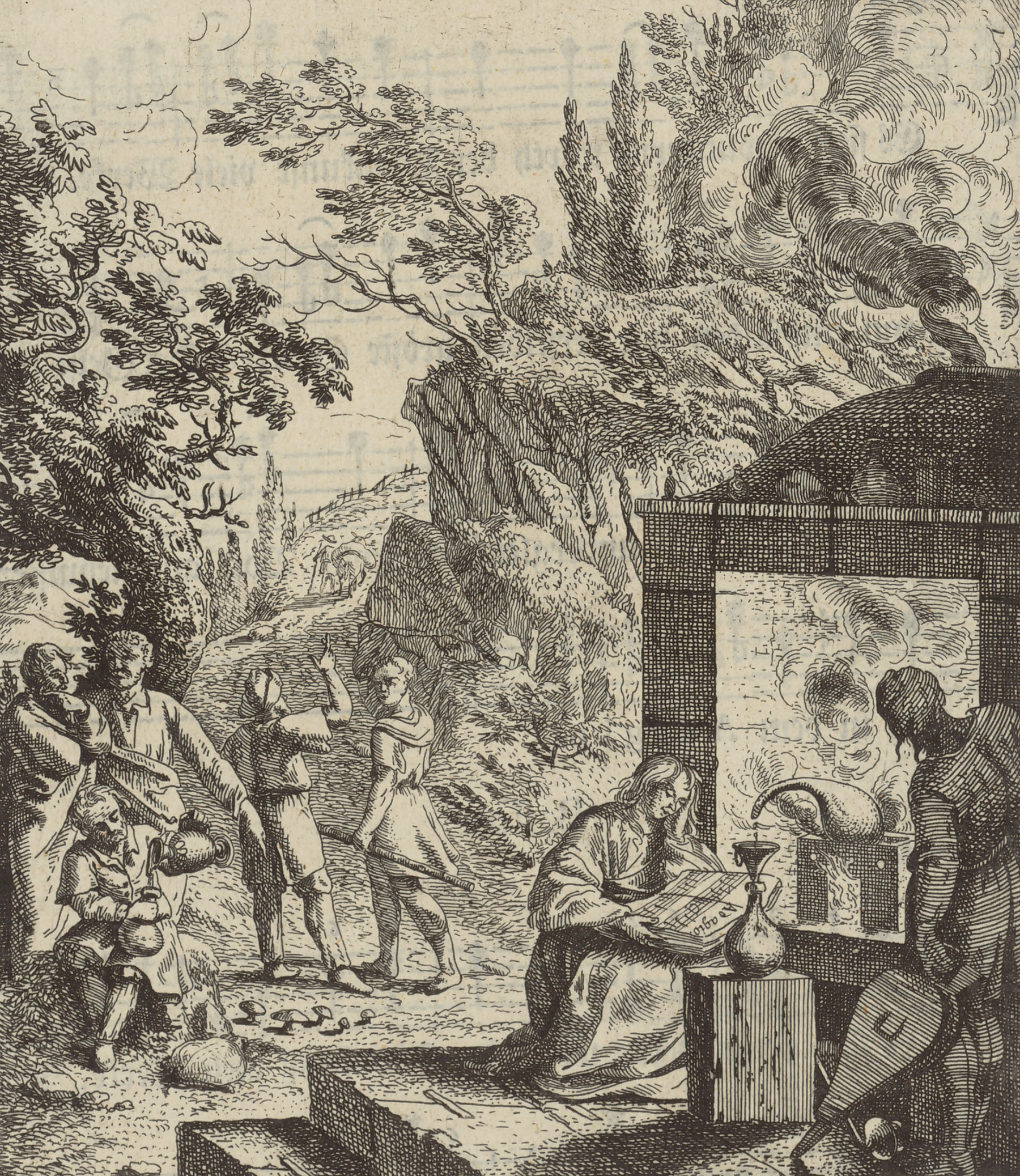 old etching showing alcohol distillation