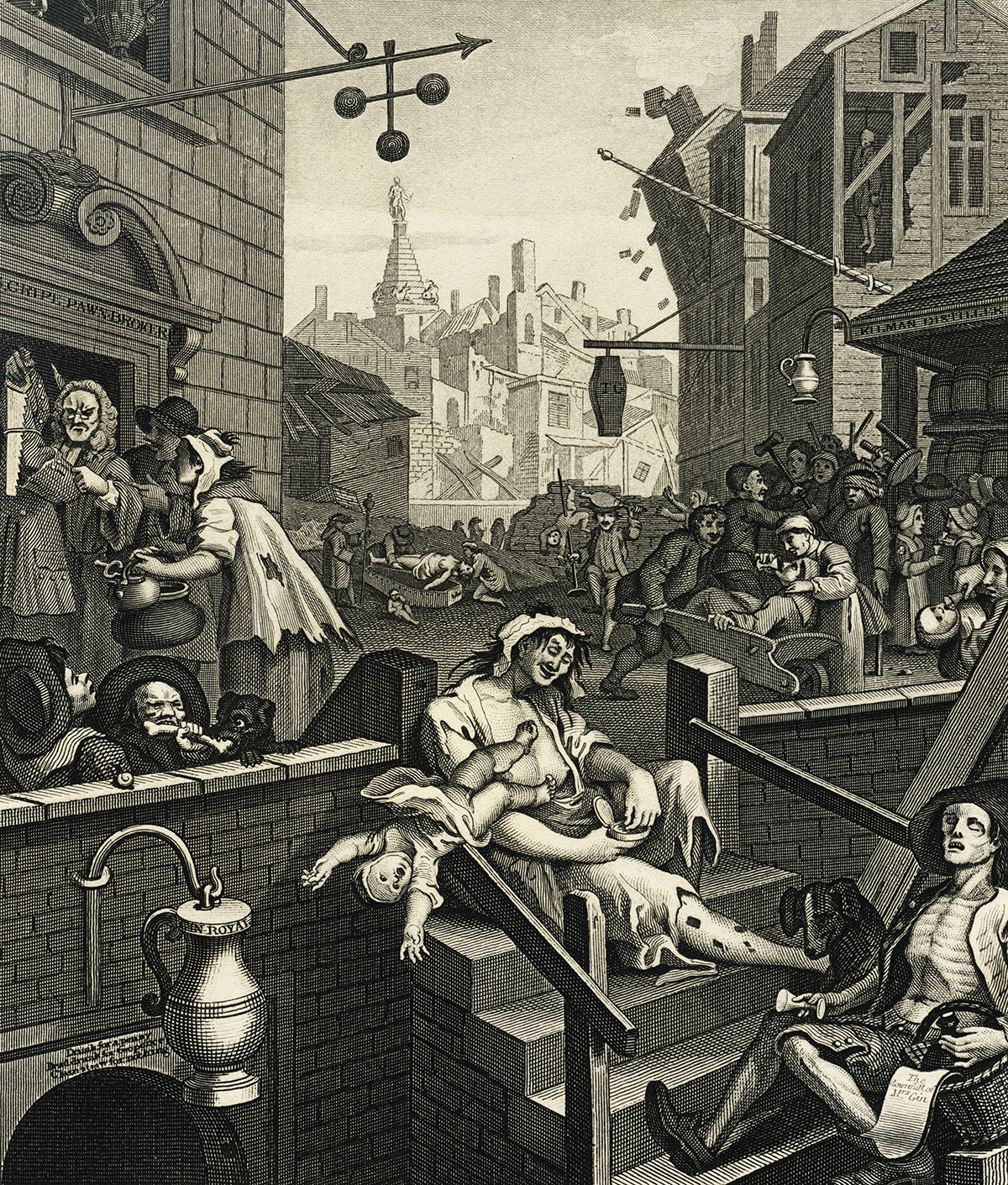 A print showing the effects of gin consumption, c. 1750.