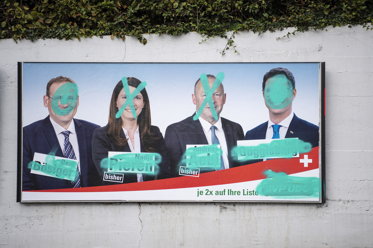 A defaced campaign poster of Swiss People's Party candidates for the 2019 parliamentary elections.
