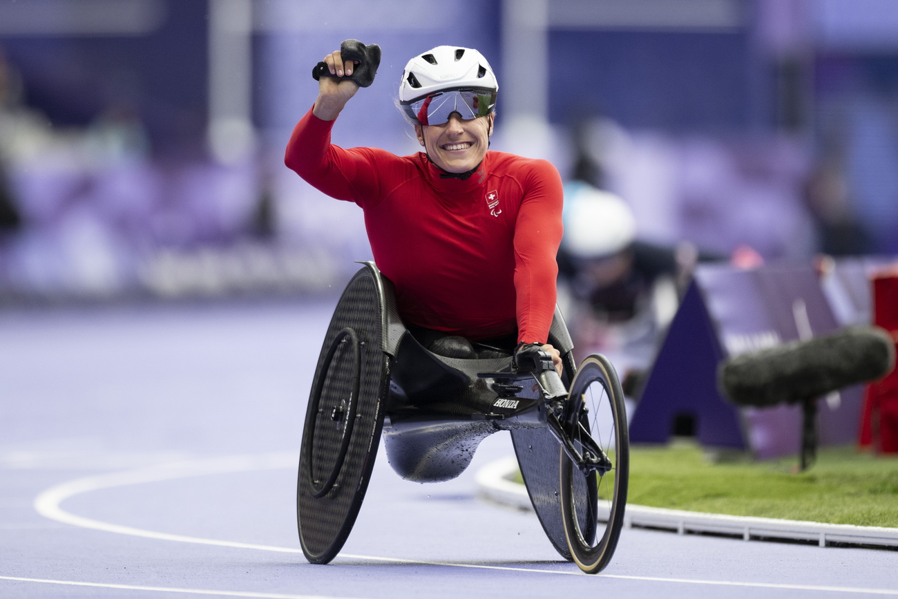 Swiss wheelchair athlete Catherine Debrunner winds the 1,500m race